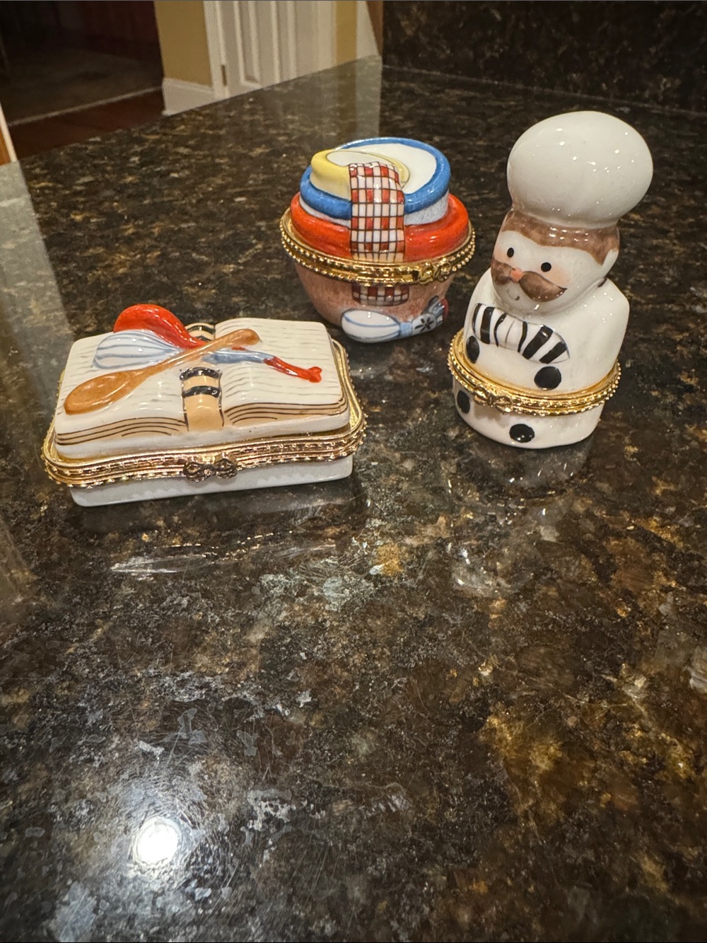 Ceramic Chef Trinket Boxes Set - White, Red, Blue, Gold Accents